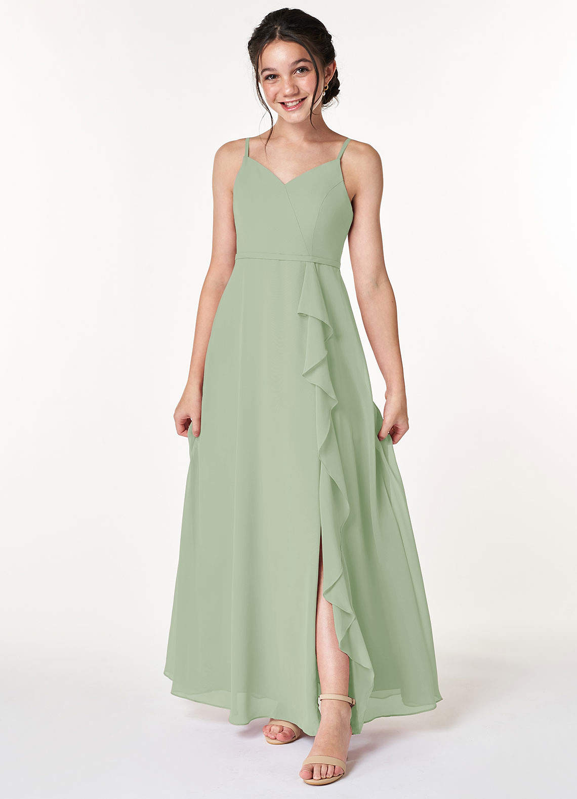 Azazie Naeem Junior Dusty Sage A-Line Ruched Chiffon Dress image1