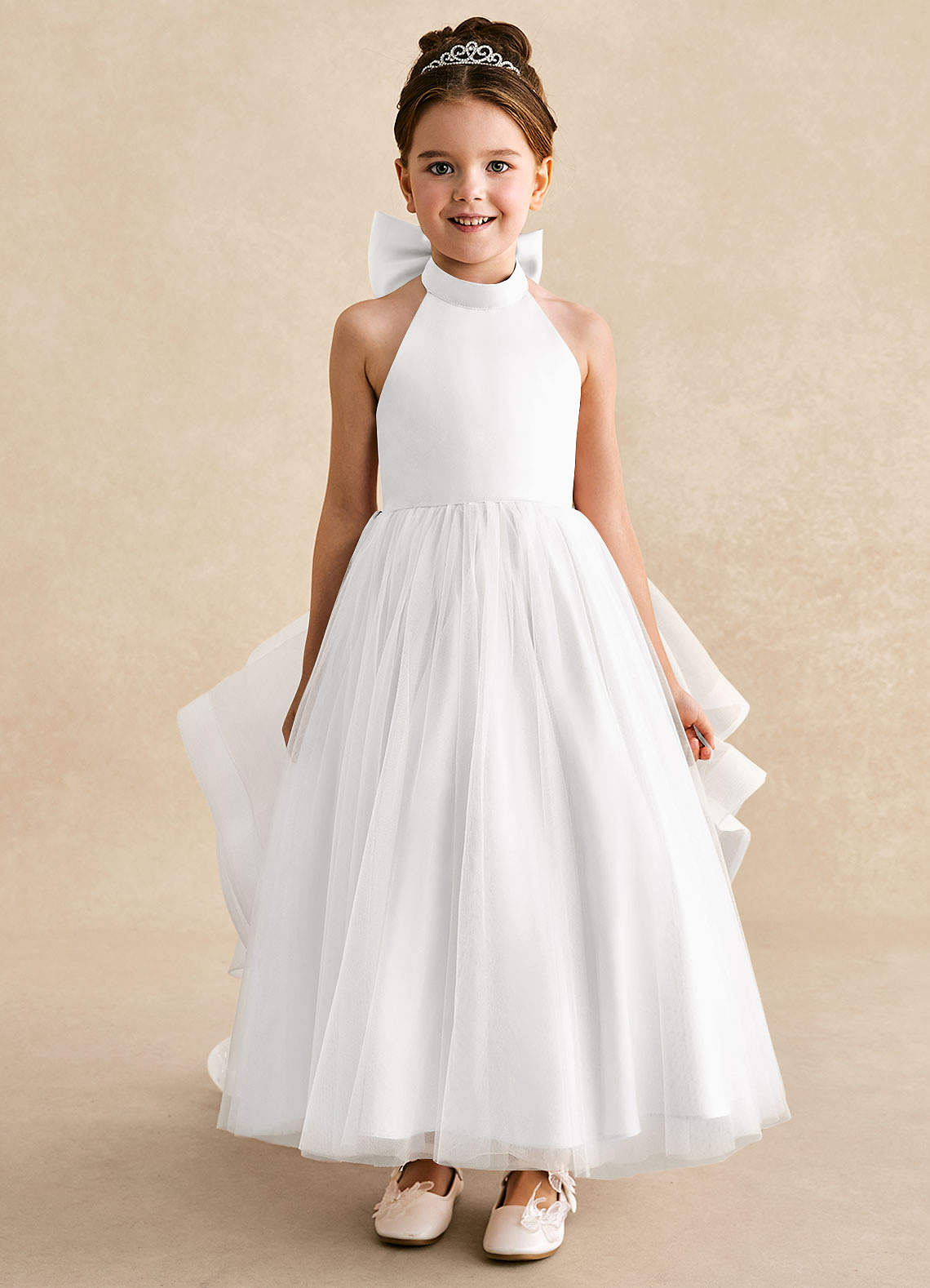 Azazie Bev Blumenmädchenkleider A-Linie Cabrio Tüll Kleid Weiß image2
