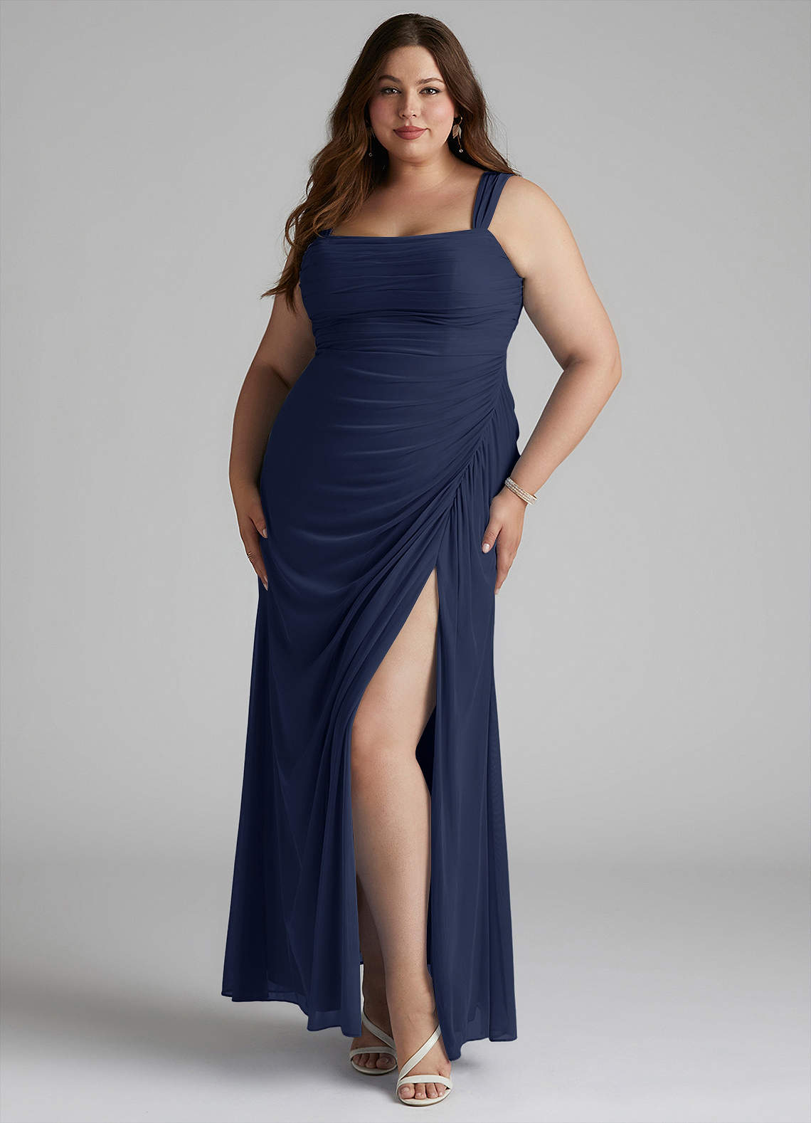 Azazie Jesaphine Bridesmaid Dresses Dark Navy Sheath Ruched Mesh Dress image1