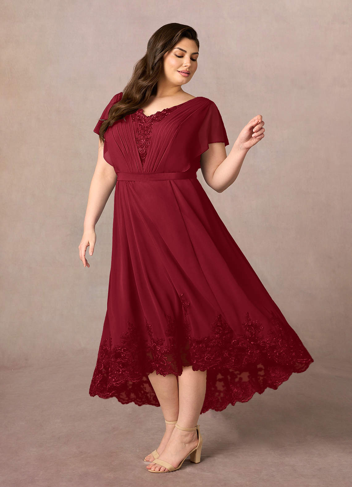 Azazie A-Line/Princess V-Neck Asymmetrical Lace Mother of the Bride or Groom Dresses - Burgundy