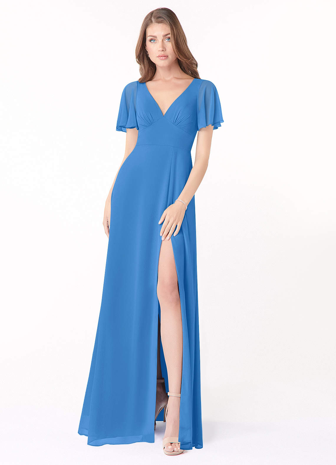 Azazie Kimber Bridesmaid Dresses Blue Jay A-Line Flounce Sleeve Chiffon Dress image1