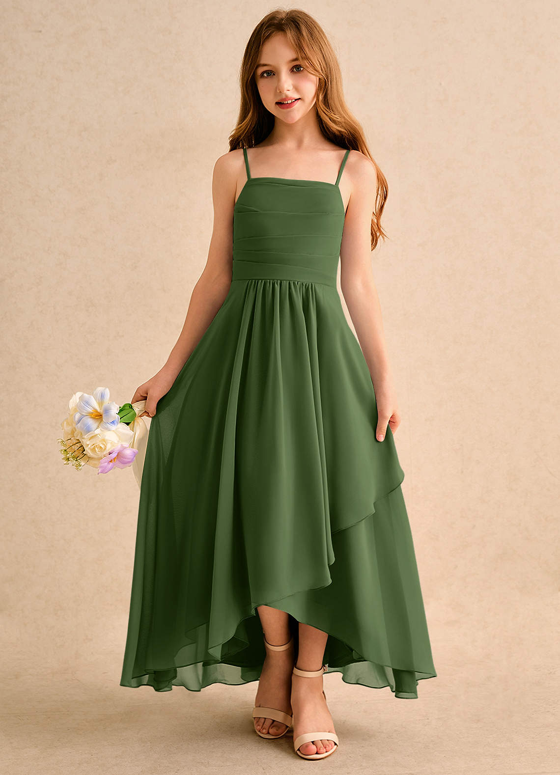 Azazie Twilight Dance Girls Formal Olive A-Line Pleated Chiffon Dress |  Azazie