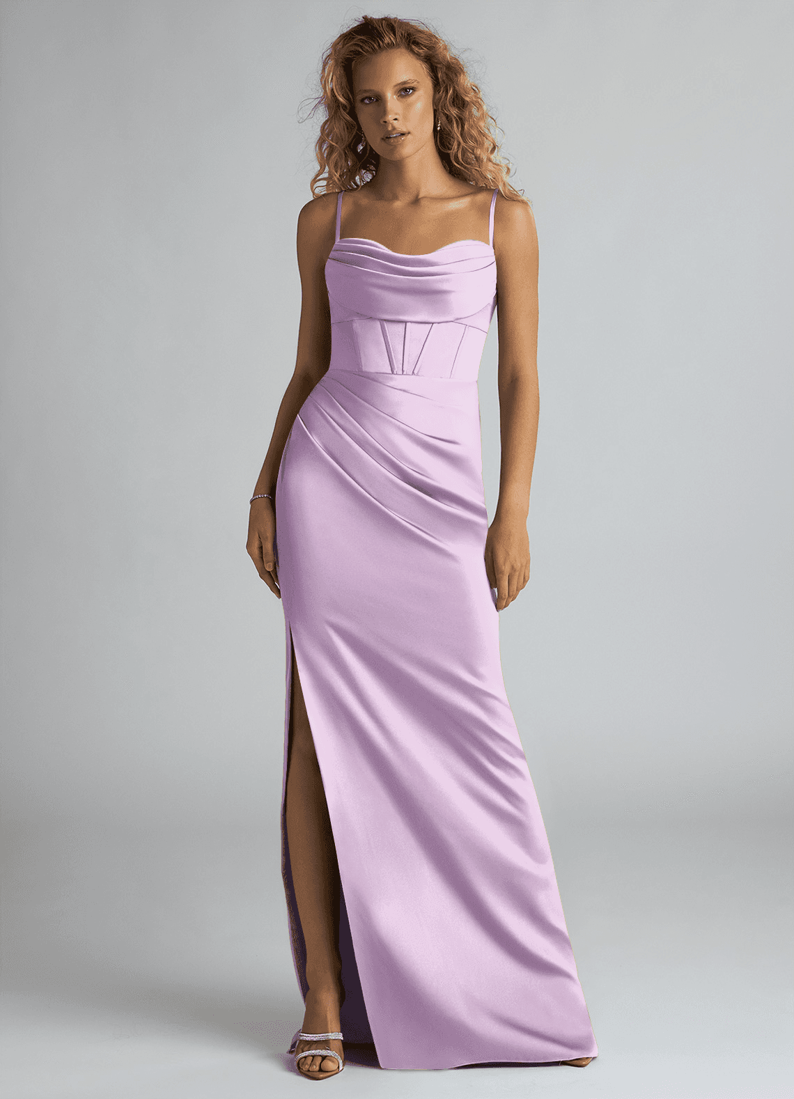 Azazie Mai Bridesmaid Dresses Frosted Lilac Sheath Pleated Stretch Satin Dress image1