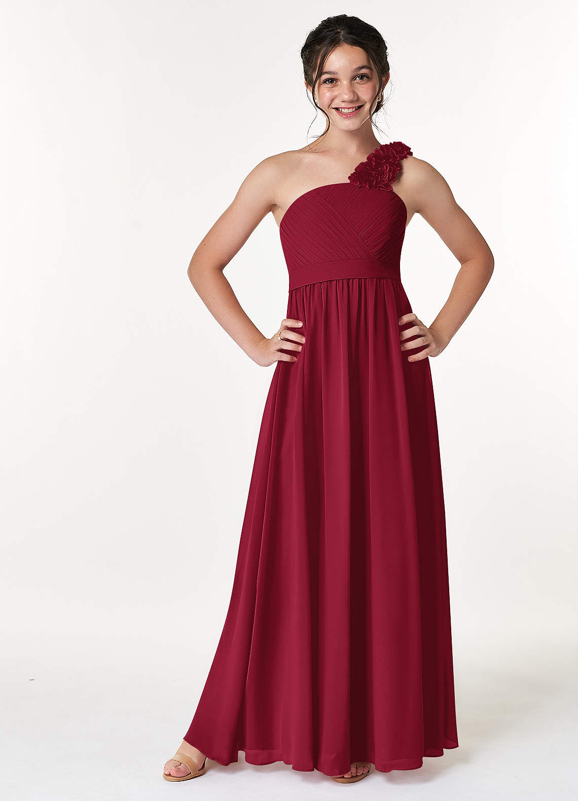 Azazie Flower Junior Burgundy A-Line Pleated Chiffon Dress image1