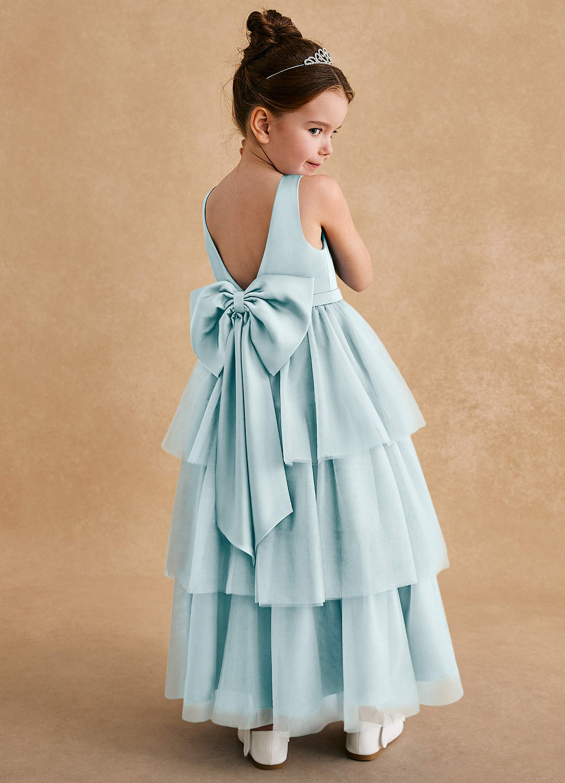 Azazie Megallie Flower Girl Dresses Sea Glass A-Line Bow Tulle Dress image1