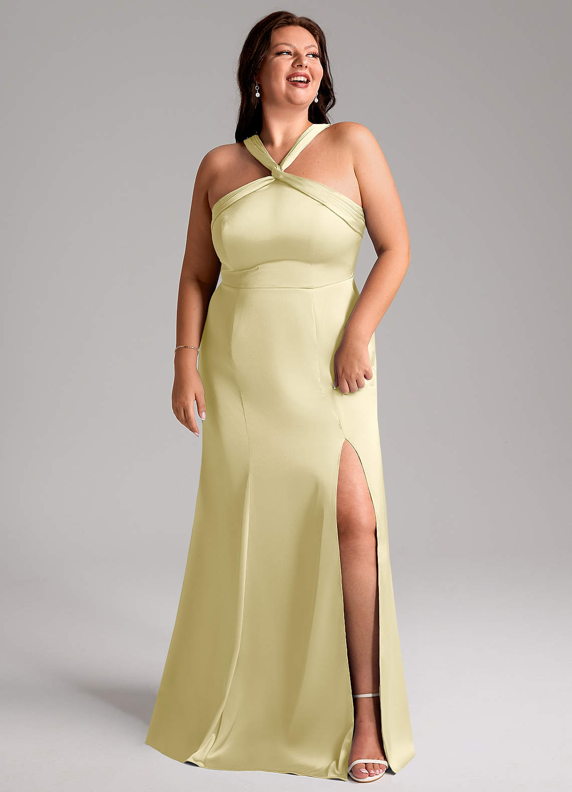 Azazie Rue Bridesmaid Dresses Lemon Sorbet Mermaid Pleated Stretch Satin Dress image10