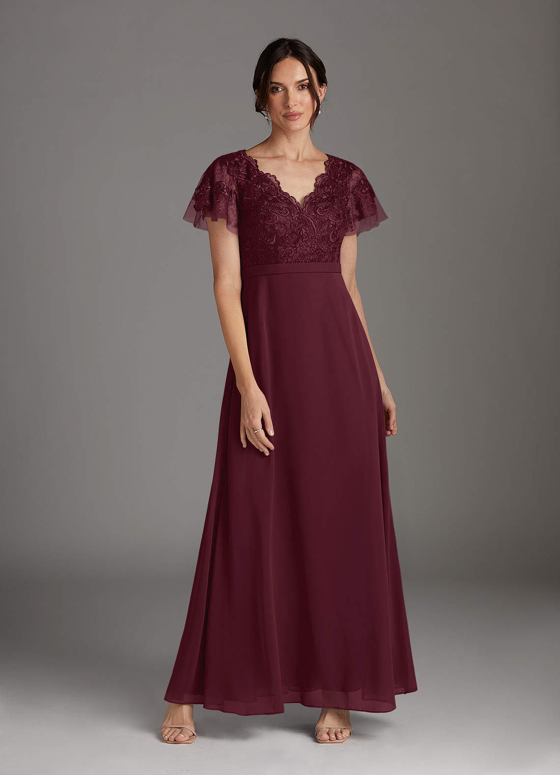 Azazie Singer Mother of the Bride Dresses Cabernet A-Line V-Neck Lace Chiffon Dress image1