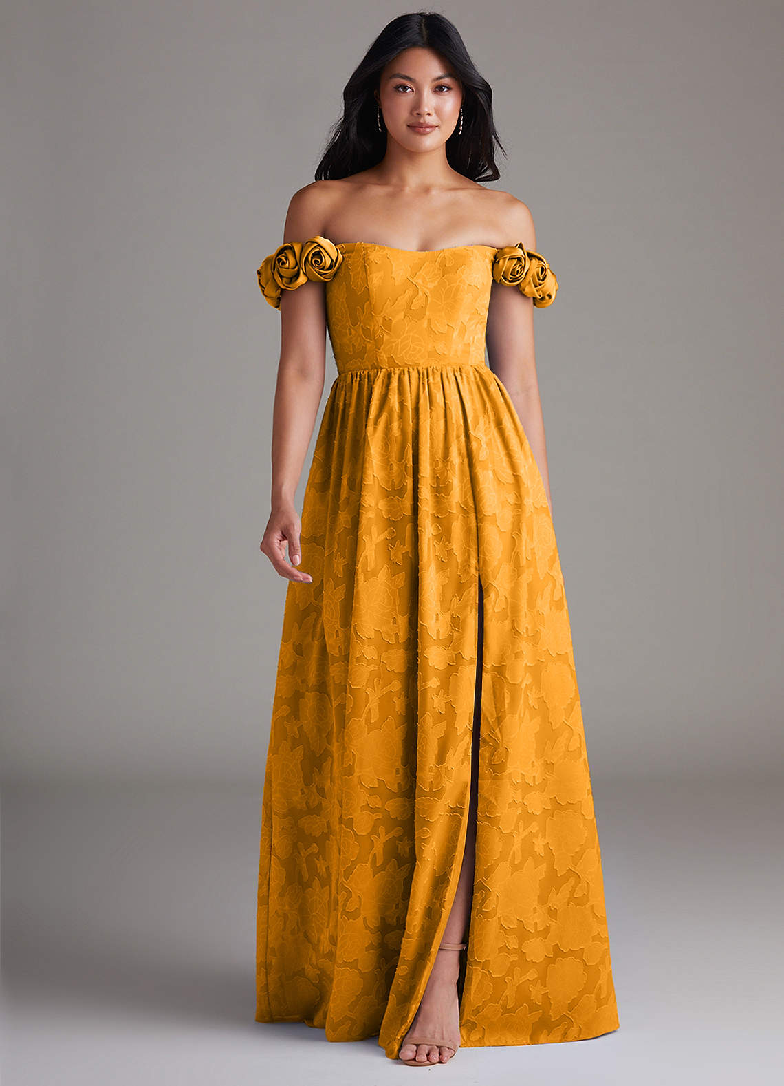 Azazie Autumn Bridesmaid Dresses Butterscotch A-Line Off the Shoulder Floral Burnout Convertible Dress image1