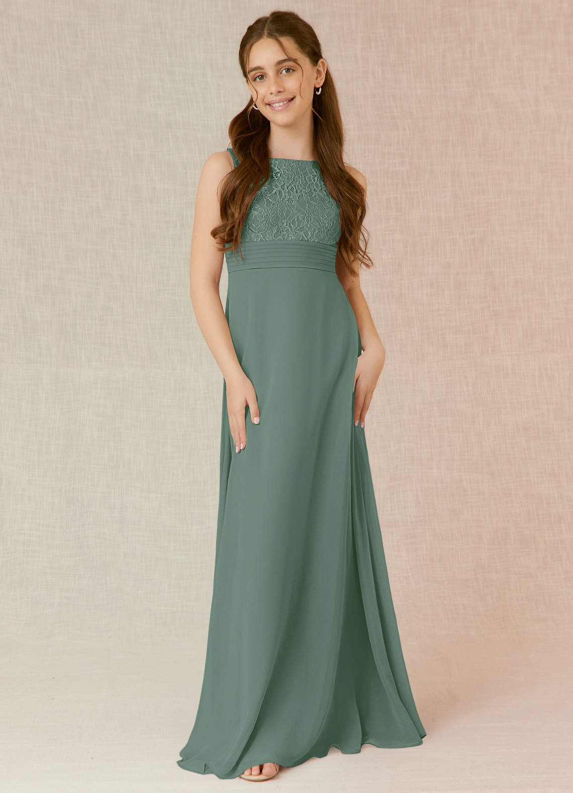 Azazie Snow Junior Eucalyptus A-Line Lace Chiffon Dress image3