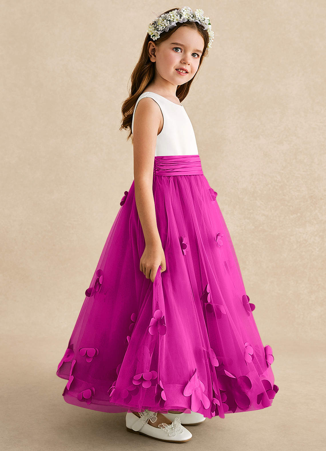 Azazie Vi vestidos de niña de las flores Vestido de Fucsia de Tul de Corte en A con Sin mangas image6