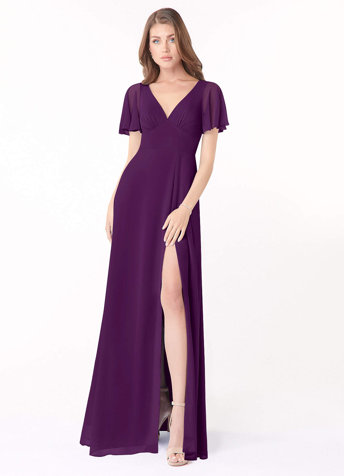 Azazie Kimber Bridesmaid Dresses Grape A-Line Flounce Sleeve Chiffon Dress image1