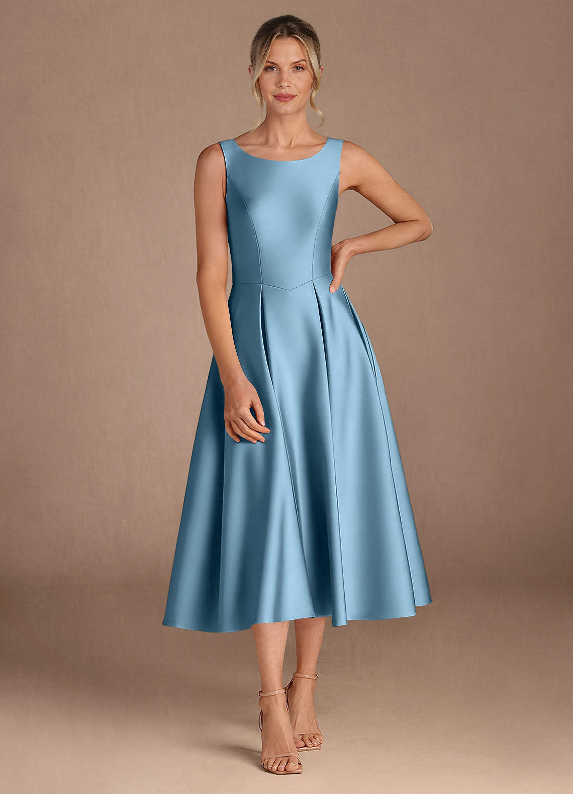 Azazie Fulton Mother of the Bride Dresses Steel Blue A-Line Pleated Stretch Satin Dress image3