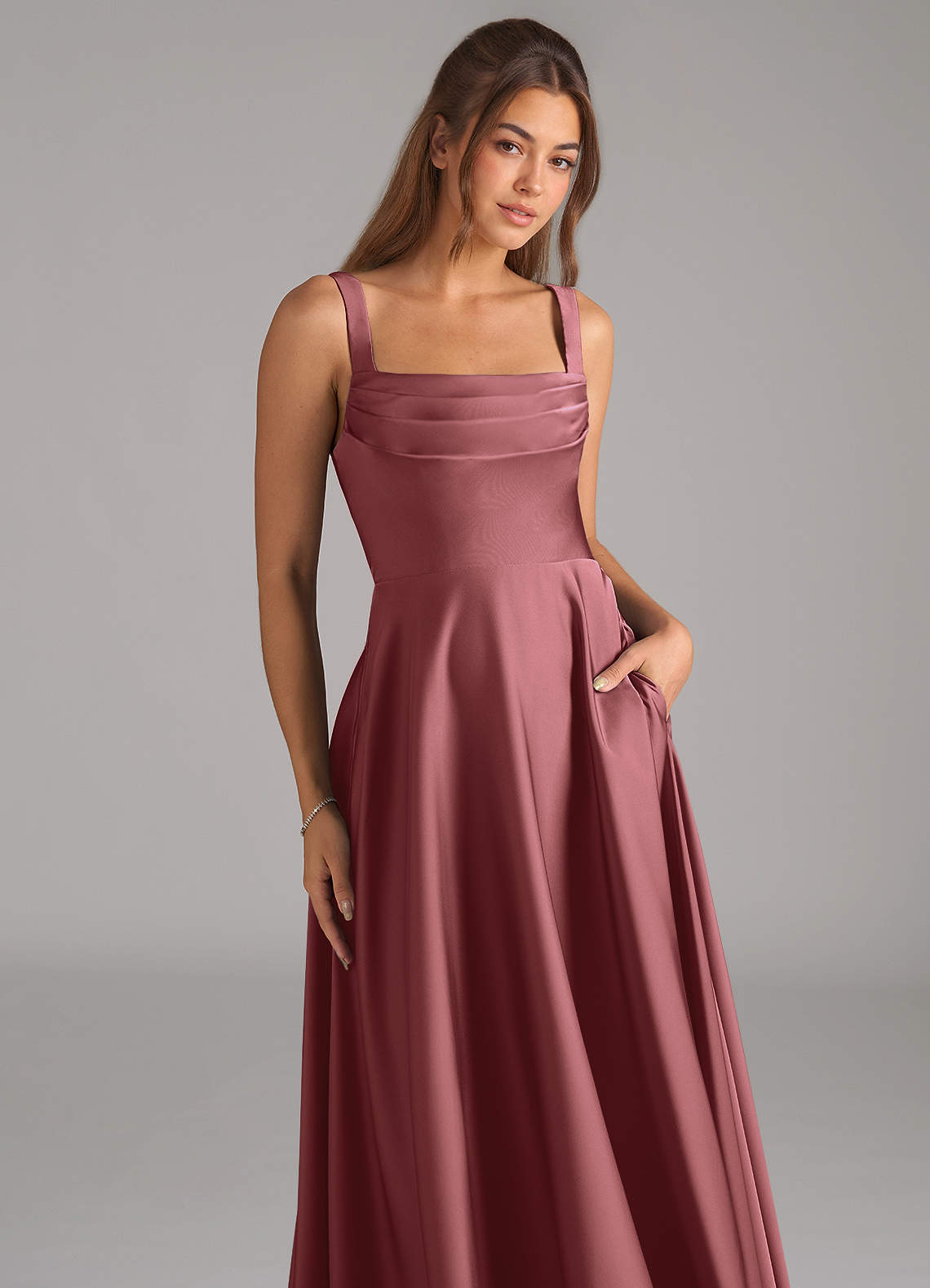 Azazie Shaude Vestidos de madrinha de casamento Vestido Ametista de Cetim elástico de Linha A com Plissado image1