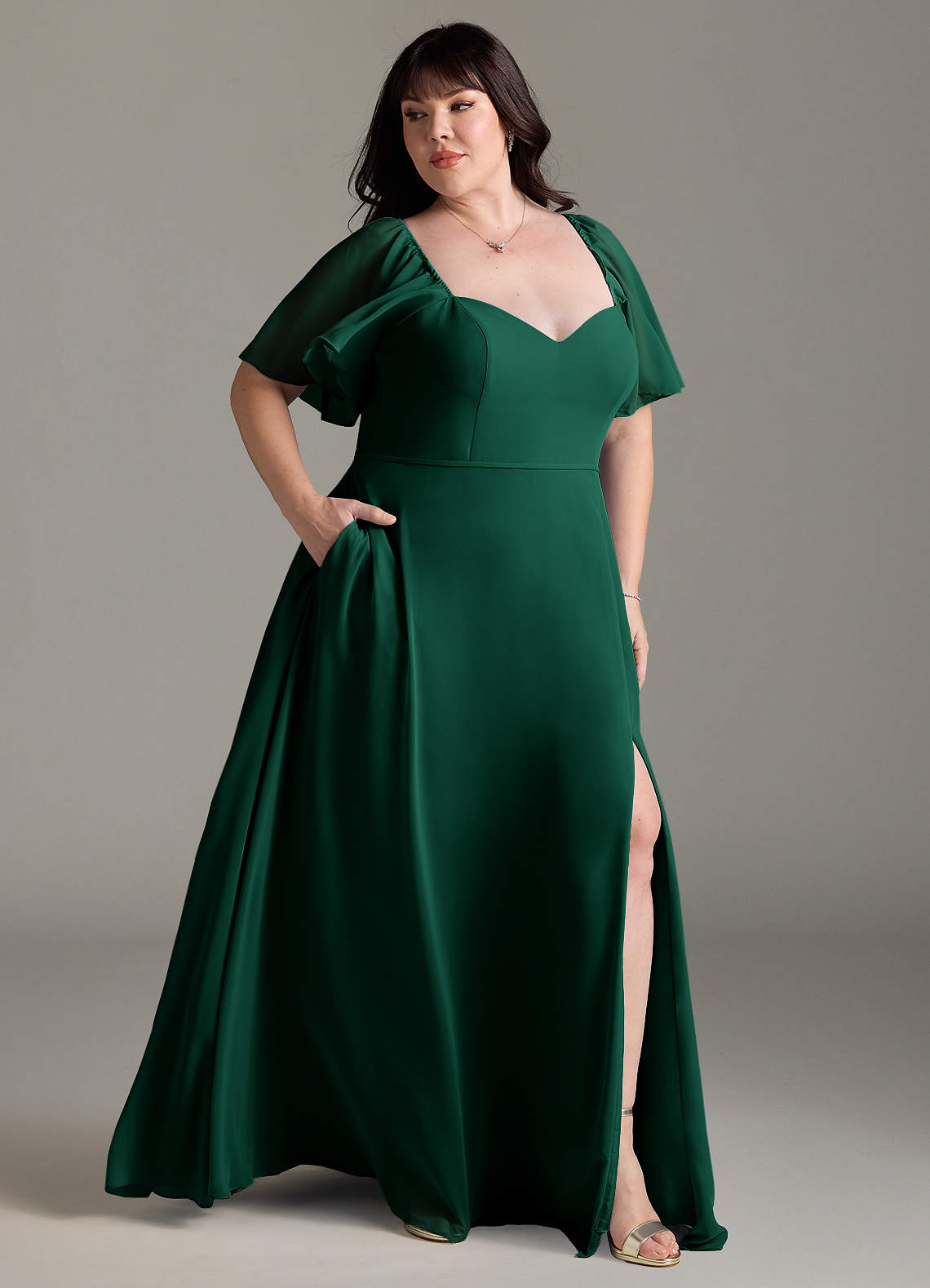 plus size emerald bridesmaid dresses Elegant V-neck Ruffle Sleeves Empire Plus Size Bridesmaid Dress main image 0
