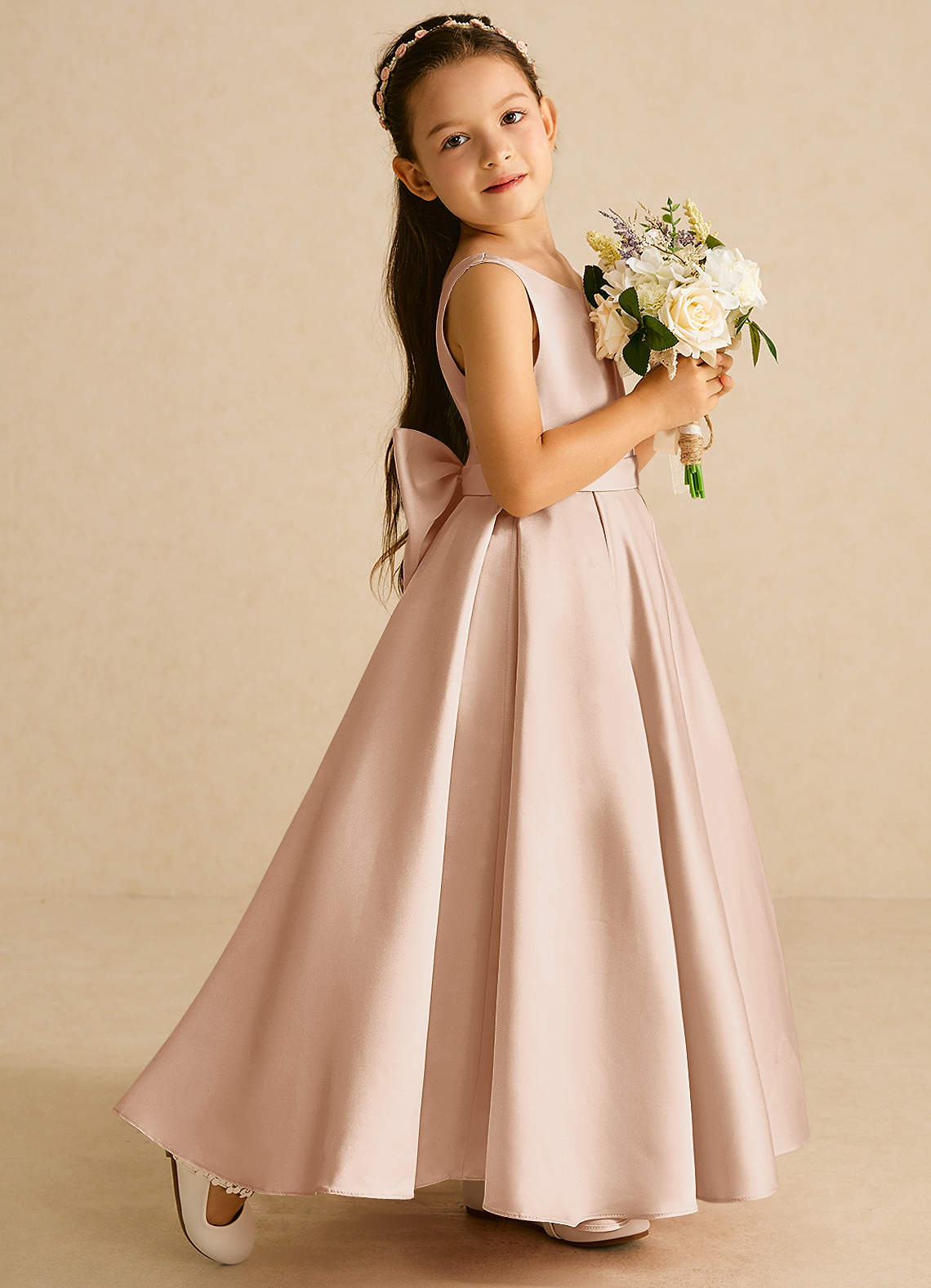 Azazie Pipsy Flower Girl Dresses English Rose A-Line Bow Matte Satin Dress image2