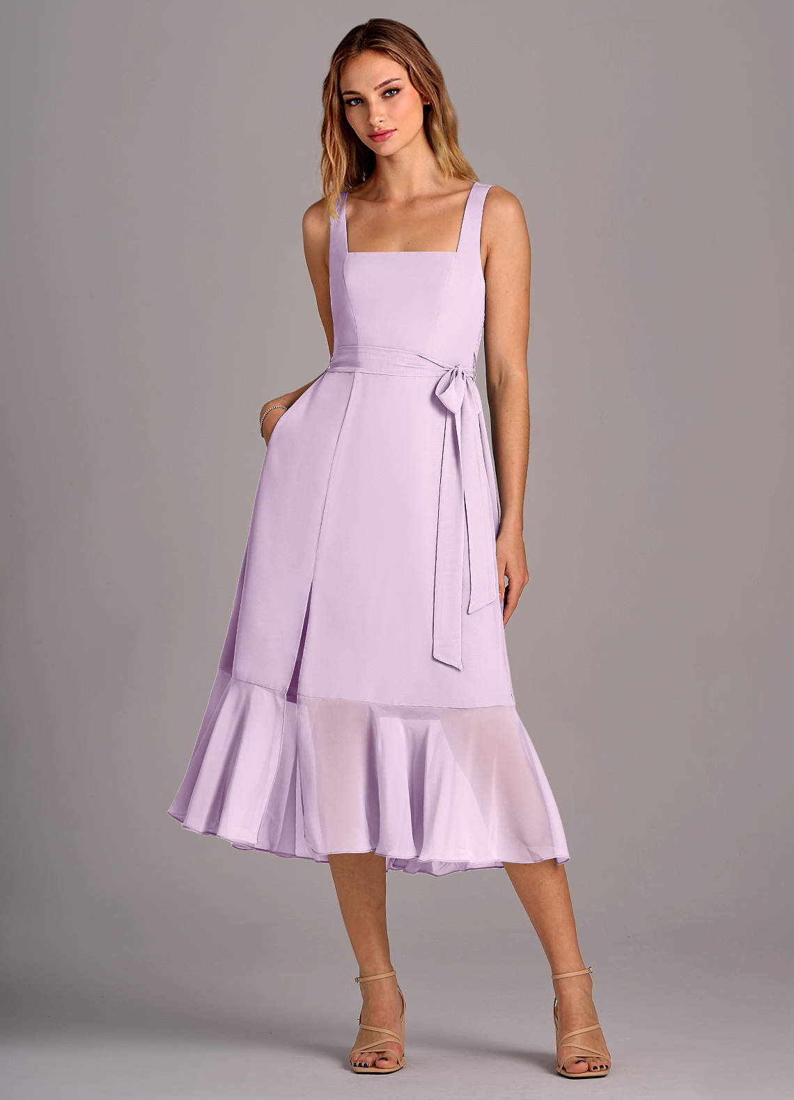 Azazie Deb Bridesmaid Dresses Frosted Lilac A-Line with Pockets Chiffon Convertible Dress image1