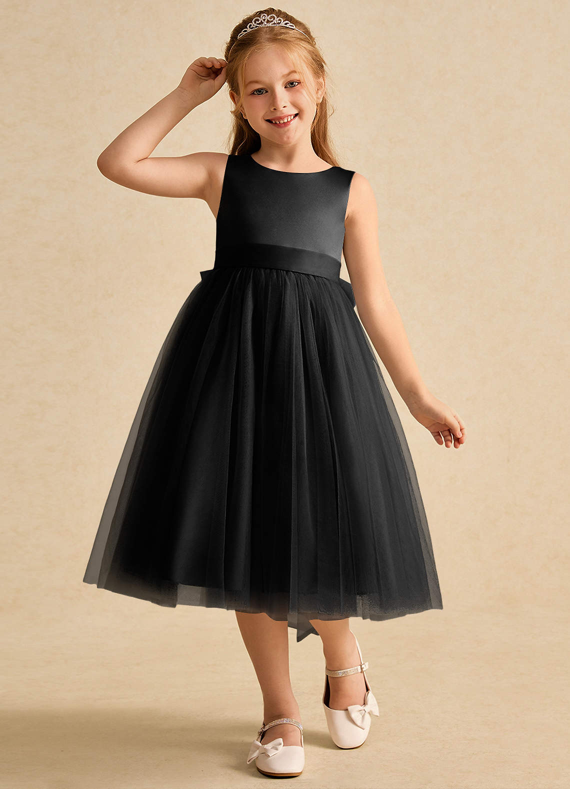 Azazie Winnie Flower Girl Dresses Black Ball-Gown Bow Tulle Dress image3