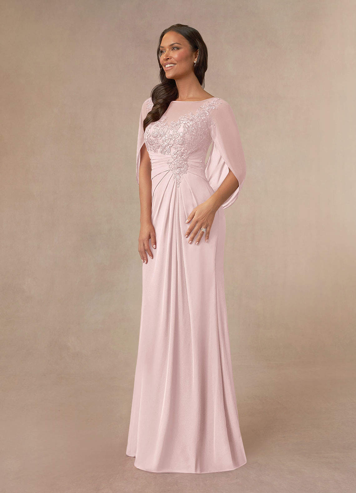 Azazie Hera Mother of the Bride Dresses Blushing Pink A-Line Lace Capelet Chiffon Dress image1