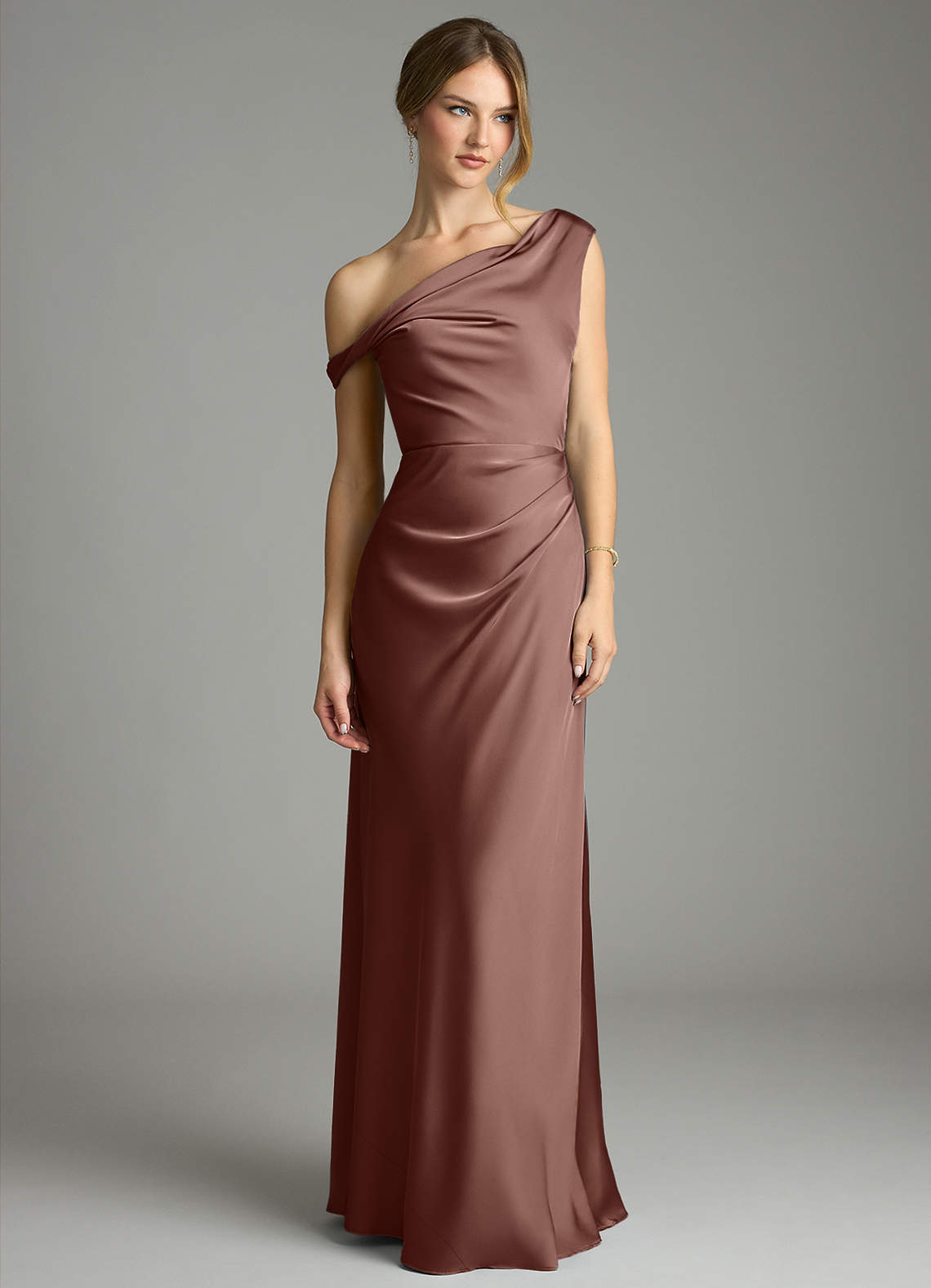Azazie Emerson Bridesmaid Dresses Espresso Mermaid Off the Shoulder Stretch Satin Dress image3