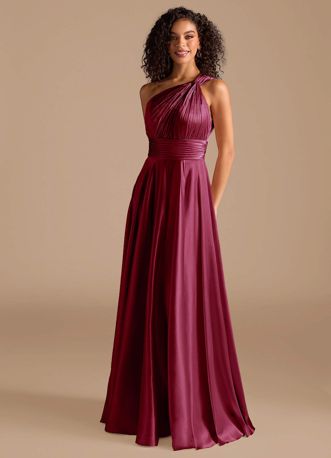 Azazie Charlize Bridesmaid Dresses Burgundy A-Line One Shoulder Metallic Satin Dress image1
