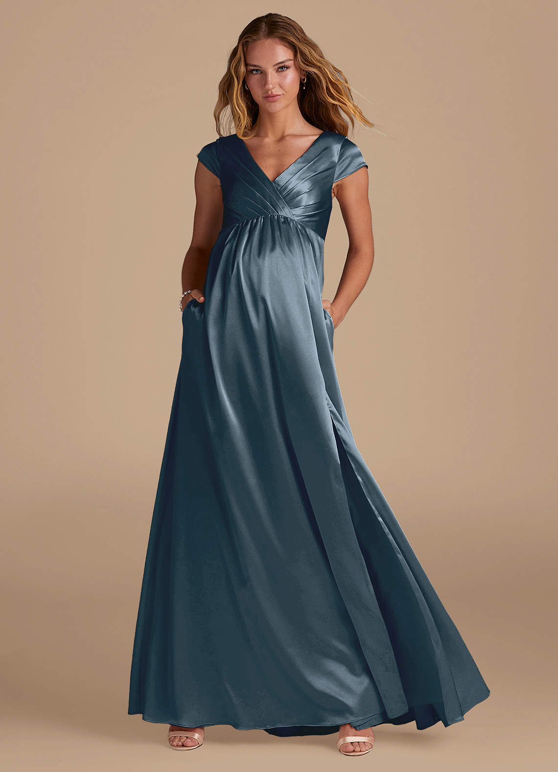 Azazie Allessia Brautjungfernkleider für Schwangere A-Linie Metallischer Satin Bodenlänge Kleid image1