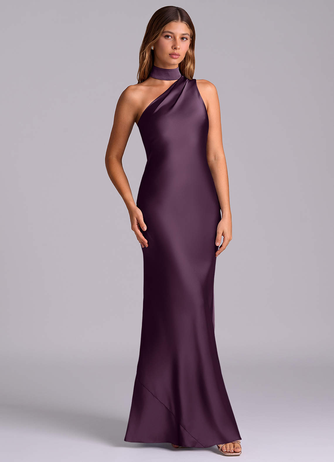 Azazie Seona Vestidos de madrinha de casamento Vestido Ameixa de Cetim elástico de sereia com Um ombro image2