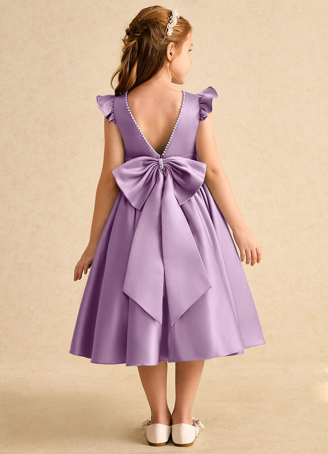 Azazie Dumpling Robe Demoiselle D'honneur Fillette Robe Trapèze en Mat Satiné Arc Glycine image1