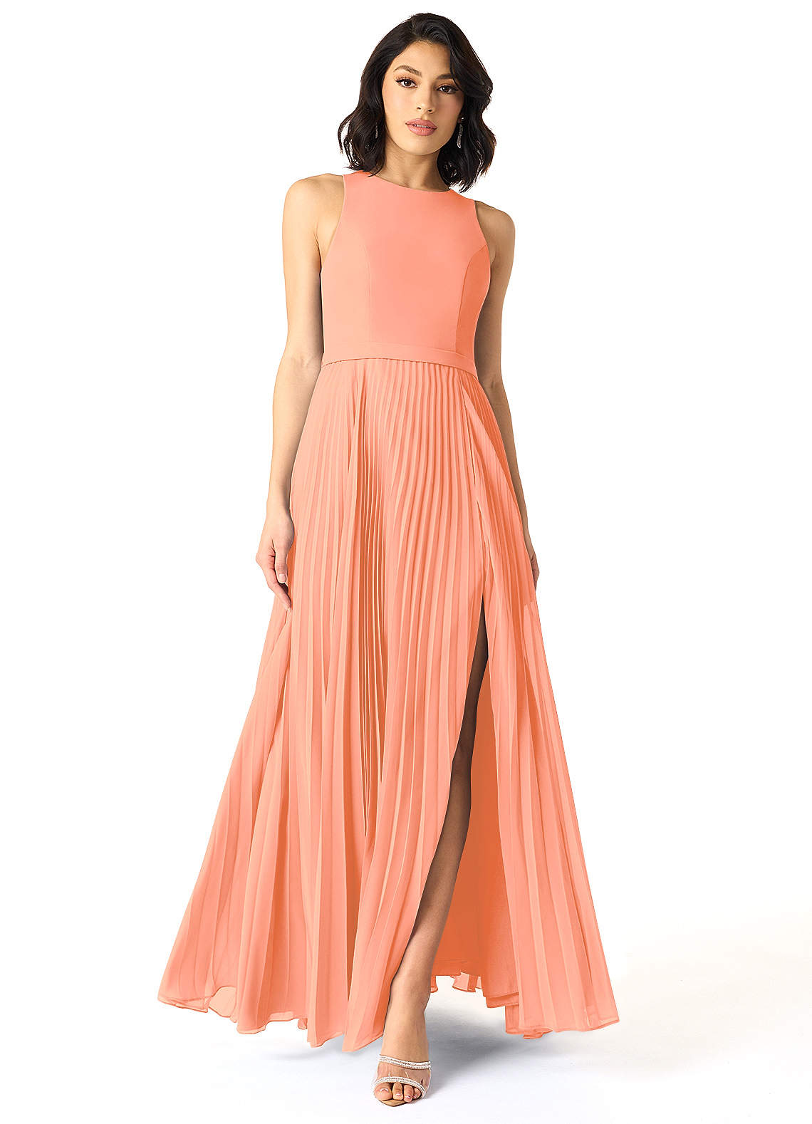 Azazie Lindie Brautjungfernkleider A-Linie Schaufel Gefaltet Chiffon Kleid Sonnenuntergang image1