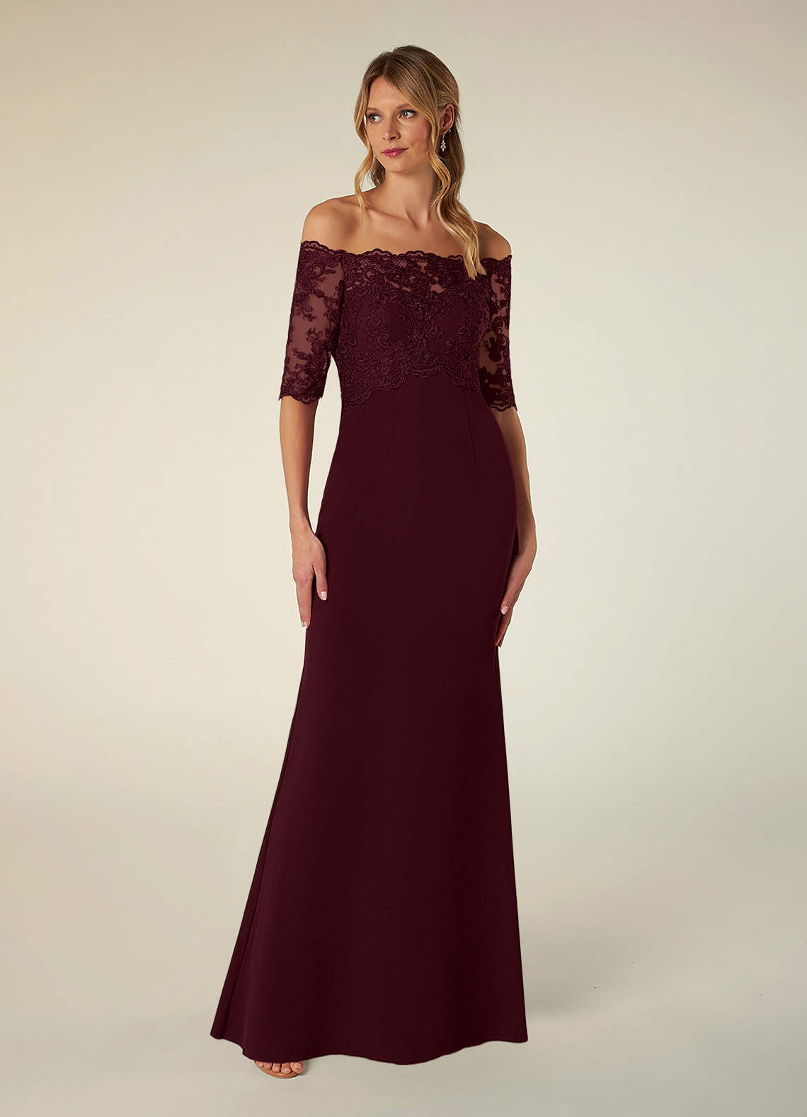 Azazie Jette Mother of the Bride Dresses Cabernet Mermaid Off the Shoulder Lace Dress image1