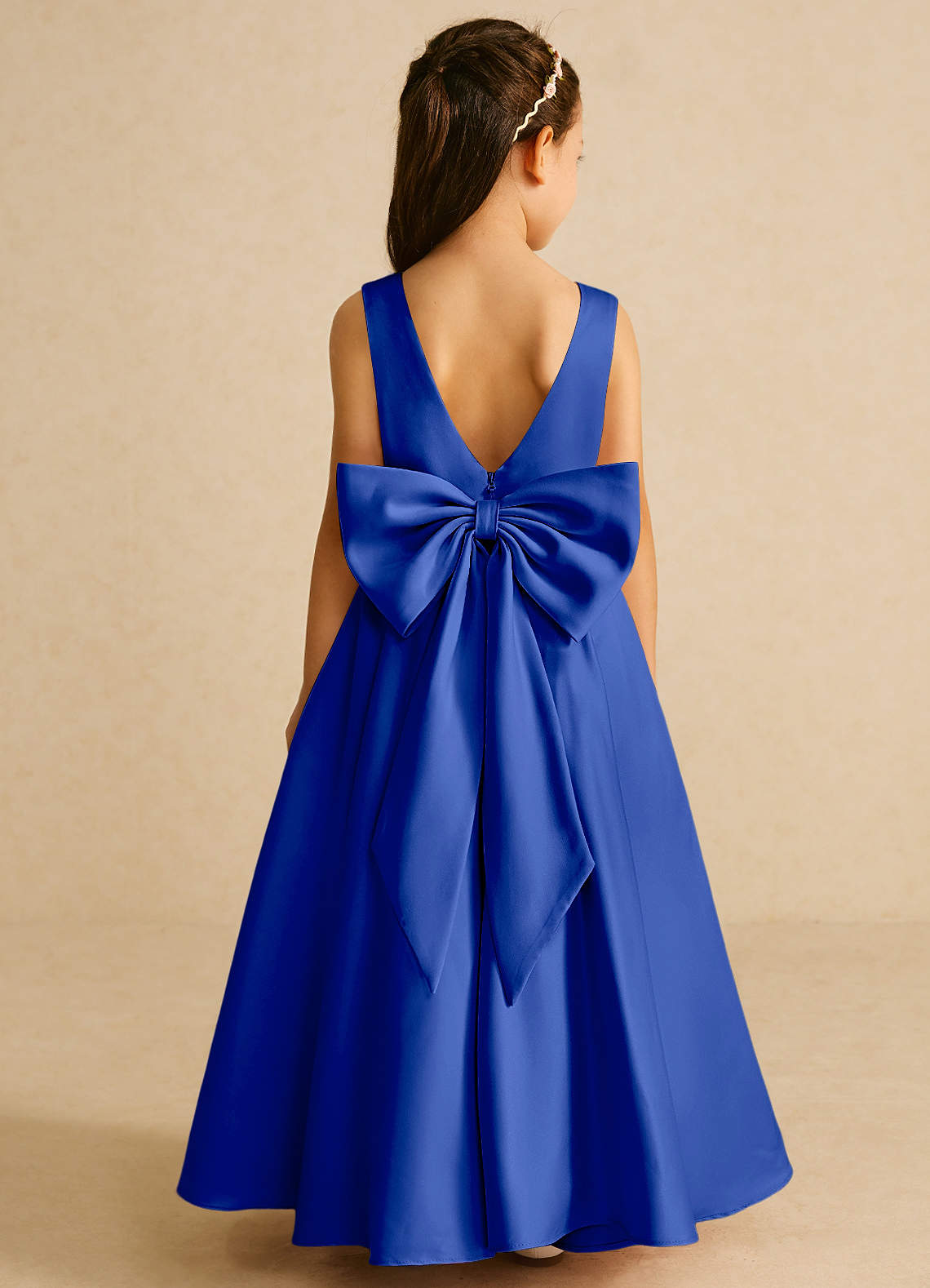 Azazie Pipsy Flower Girl Dresses Royal Blue A-Line Bow Matte Satin Dress image1