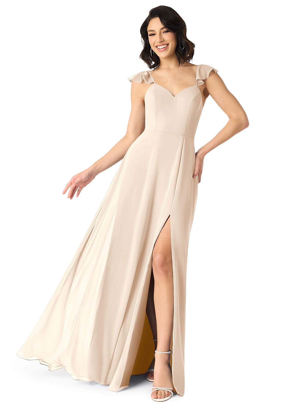 Azazie Everett Bridesmaid Dresses White Alabaster A-Line V-neck Ruched Chiffon Dress image1