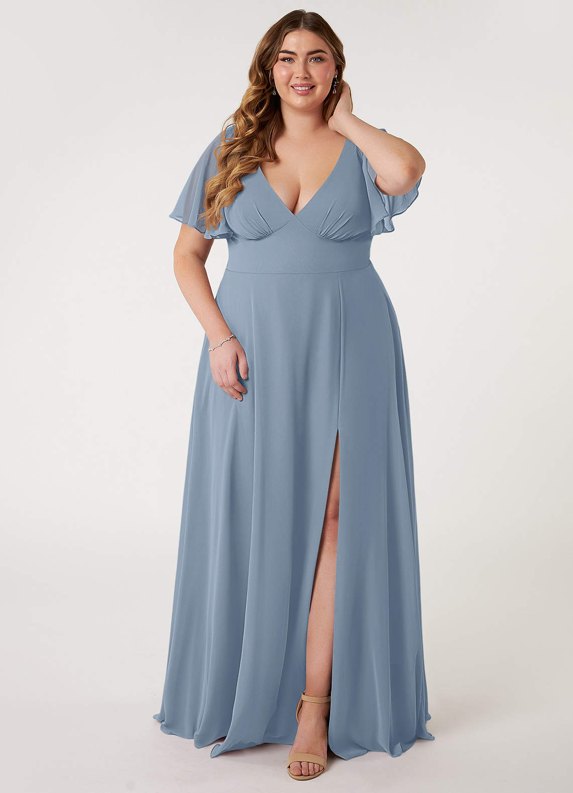 Azazie Kimber Bridesmaid Dresses Dusty Blue A-Line Flounce Sleeve Chiffon Dress image1