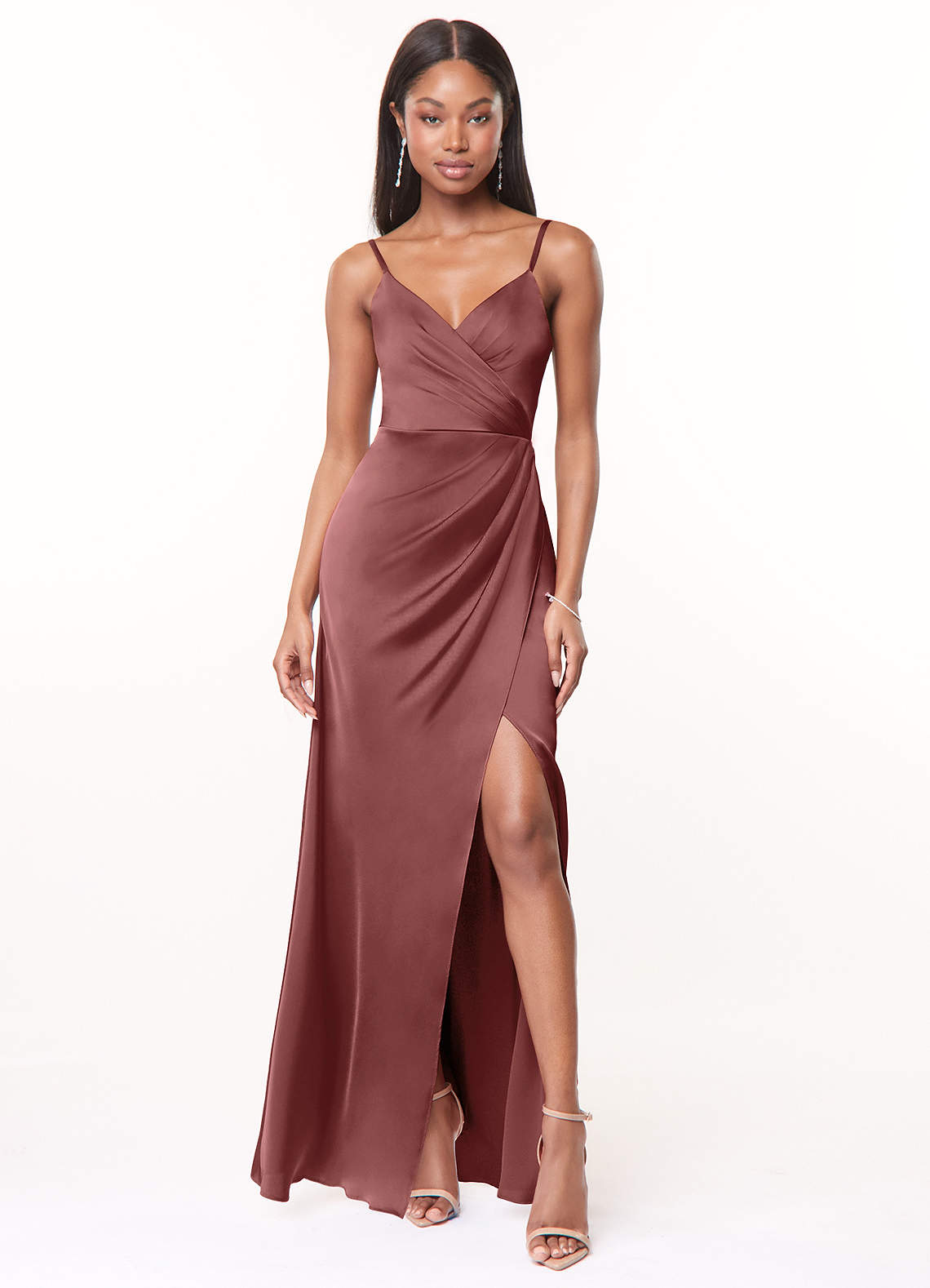 Azazie Maci Bridesmaid Dresses Amethyst A-Line V-Neck Pleated Stretch Satin Dress image1