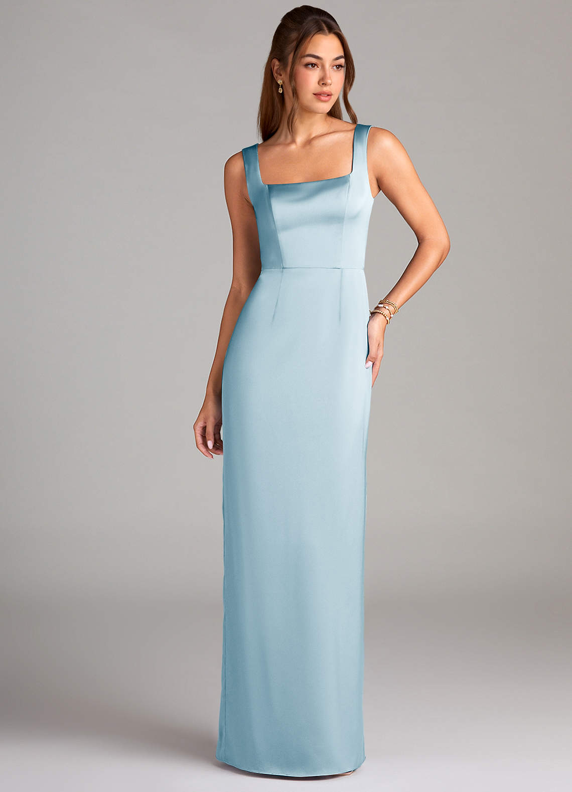 Azazie Flori Bridesmaid Dresses Sky Blue Sheath Side Slit Stretch Satin Dress image1