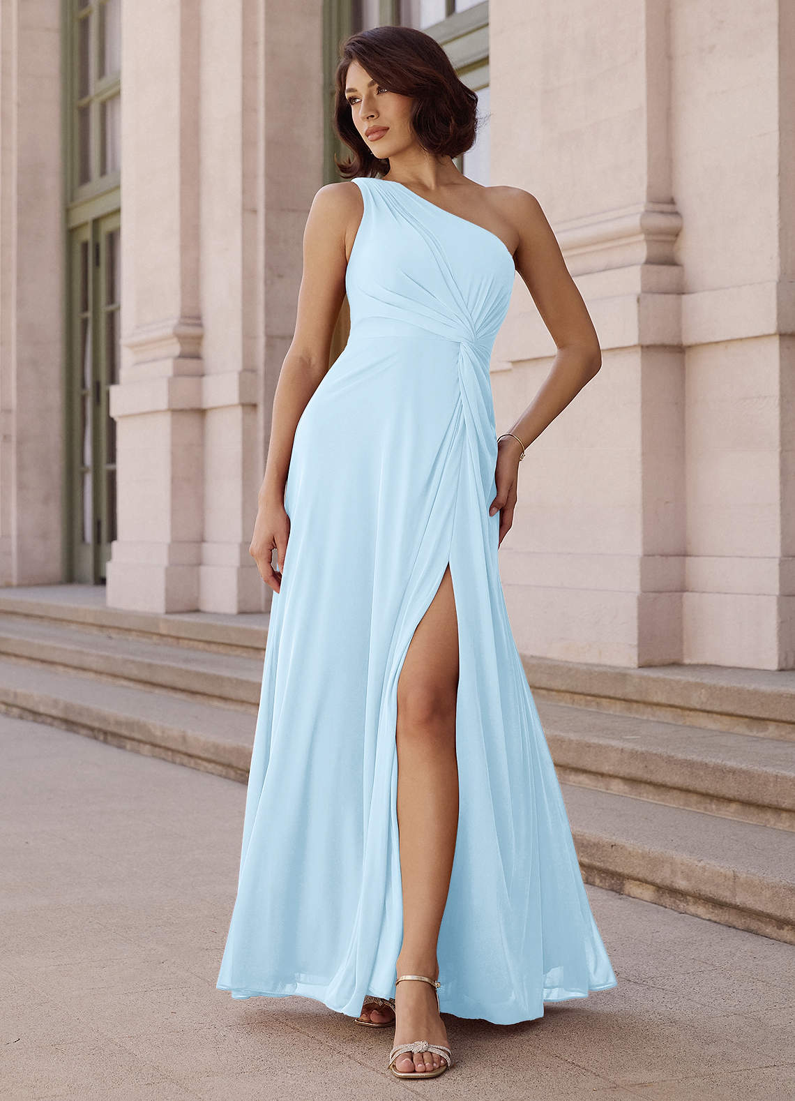 Azazie Brooke Bridesmaid Dresses Sky Blue A-Line One Shoulder Chiffon Dress image1