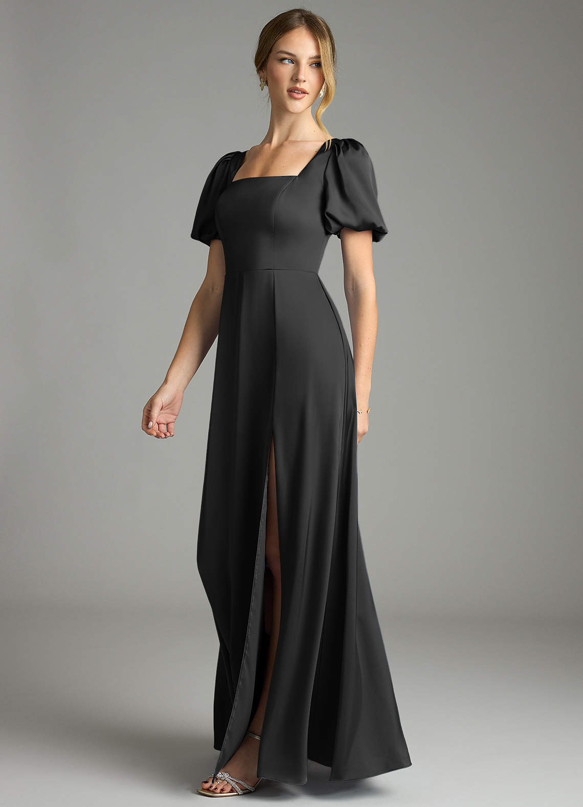 Azazie Fyona Vestidos de madrinha de casamento Vestido Preto de Cetim elástico de Linha A com Plissado image9