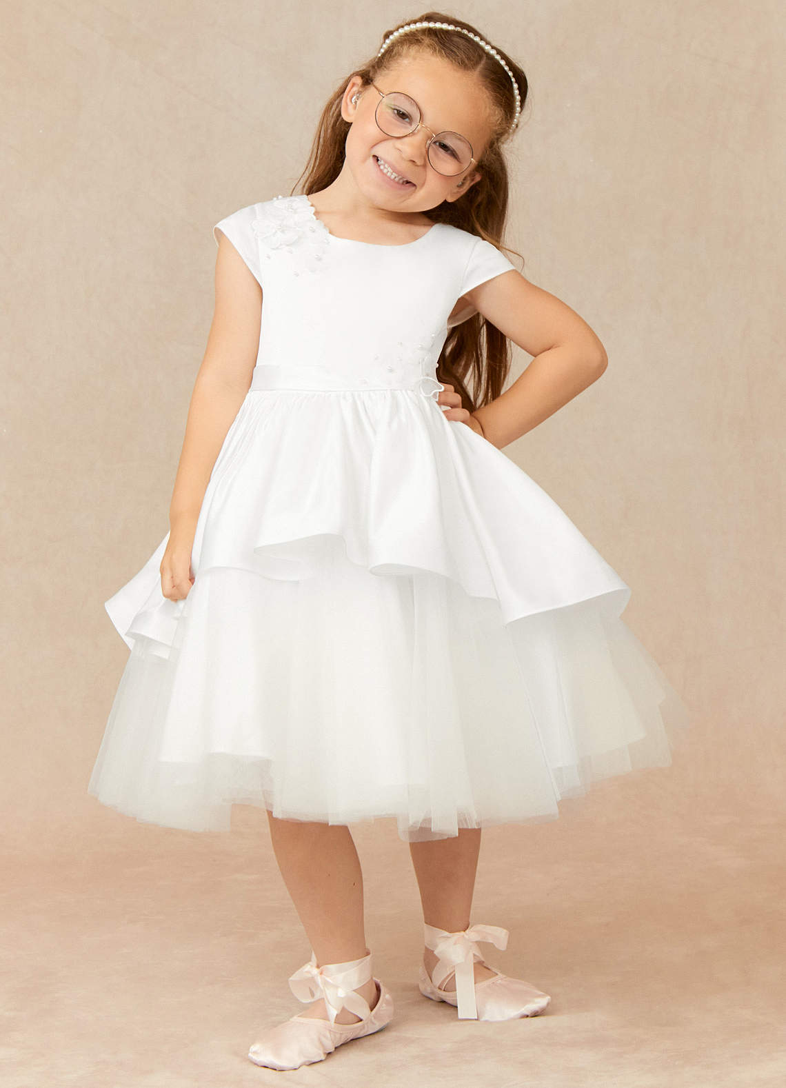 Ivory Azazie Haru Ball-Gown Lace Matte Satin Knee-Length Dress | Azazie