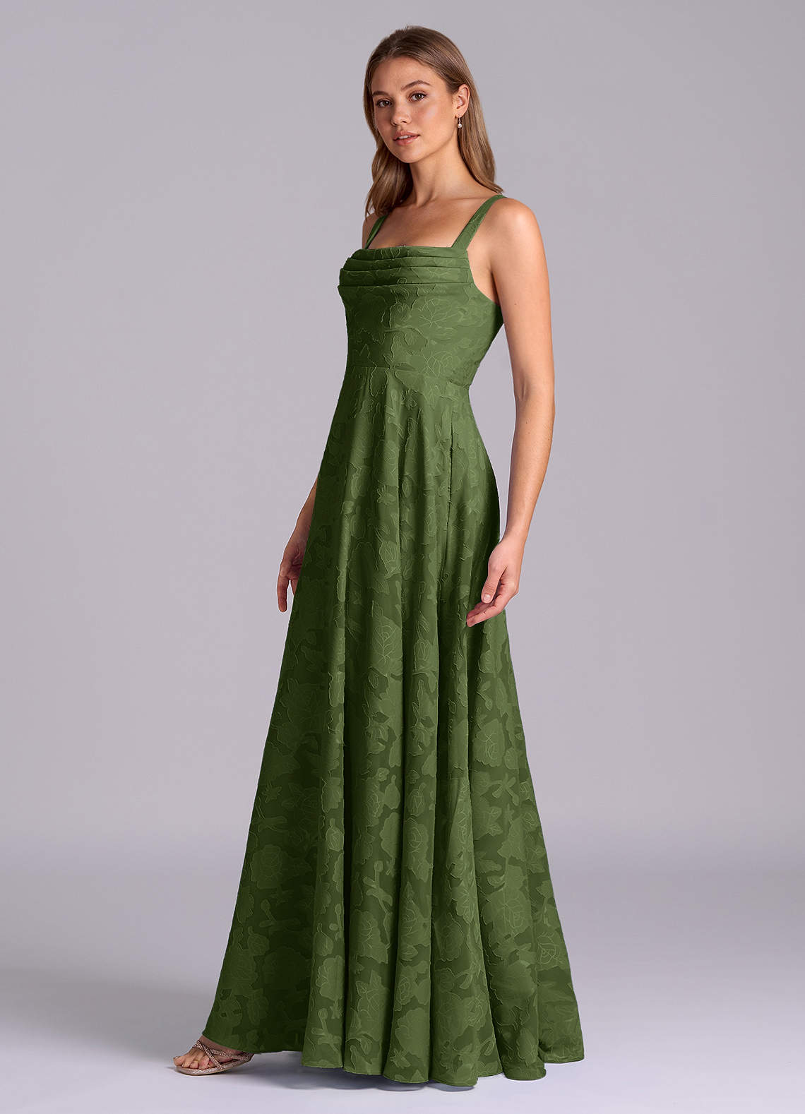 Azazie Shaude Bridesmaid Dresses Olive A-Line Pleated Floral Burnout Dress image3