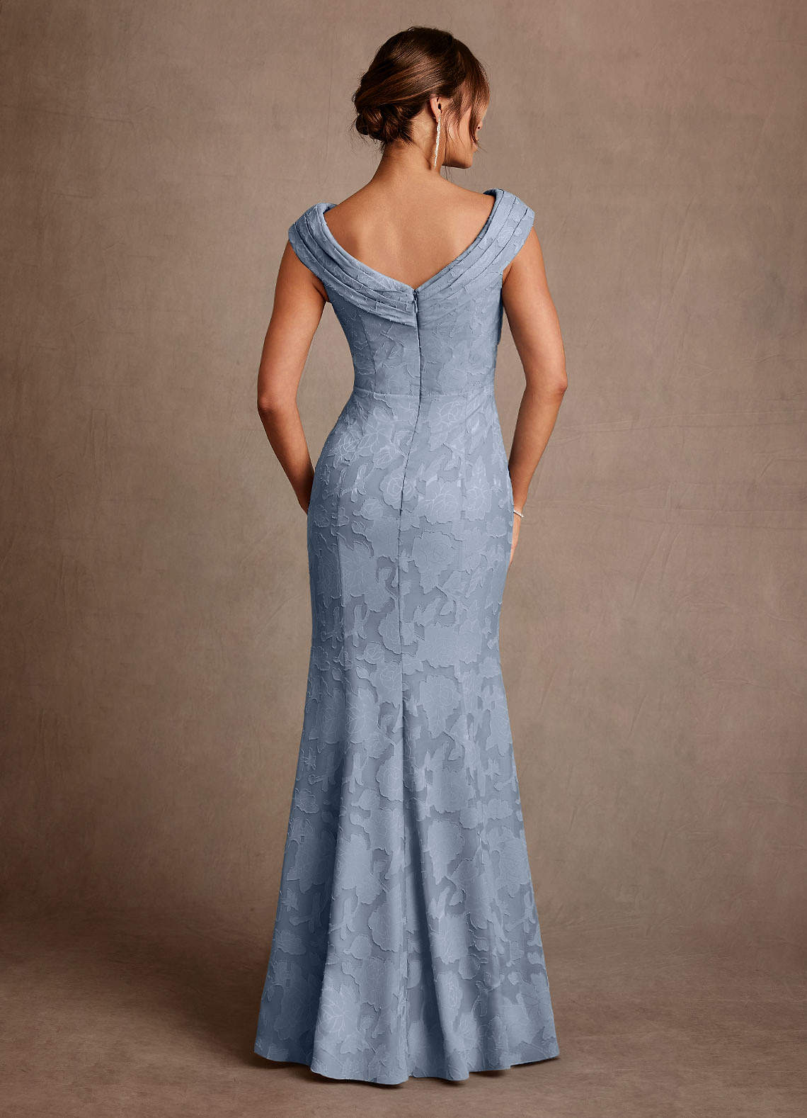 Azazie Aberdeen At-home Try On Dresses Dusty Blue Sheath Pleated Floral Burnout Dress image1