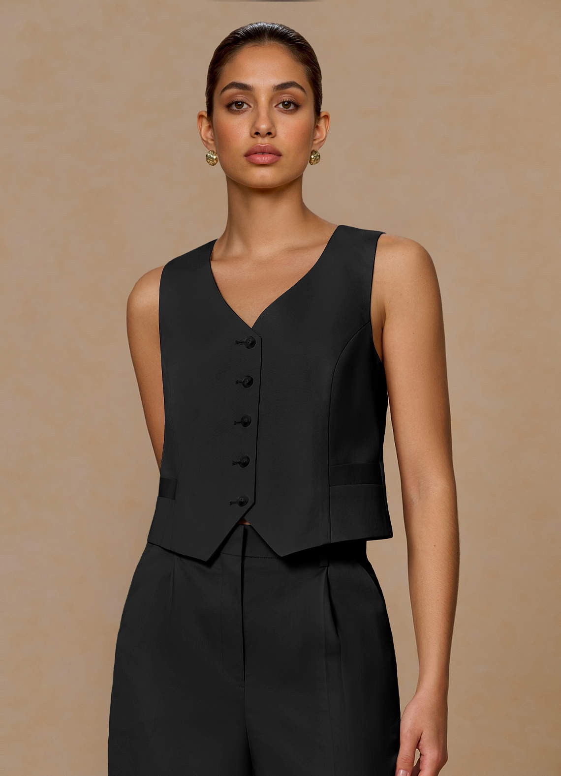 front Margaret Black Cotton Linen Blend Vest