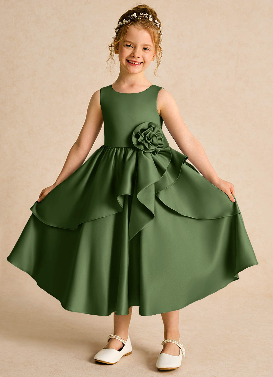 Azazie Hermia Flower Girl Klänningar Klänning A-Line i Matt satäng Ärmlös image1