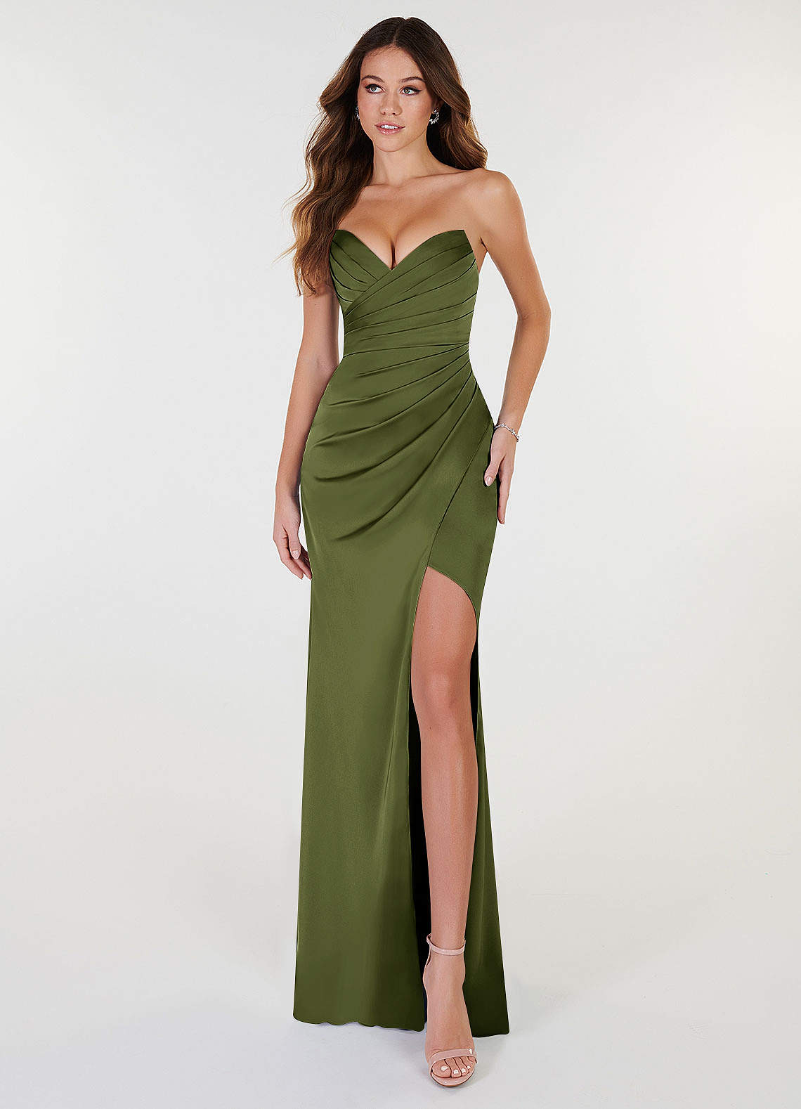 Azazie Yola Bridesmaid Dresses Olive Sheath V-Neck Pleated Stretch Satin Convertible Dress image1
