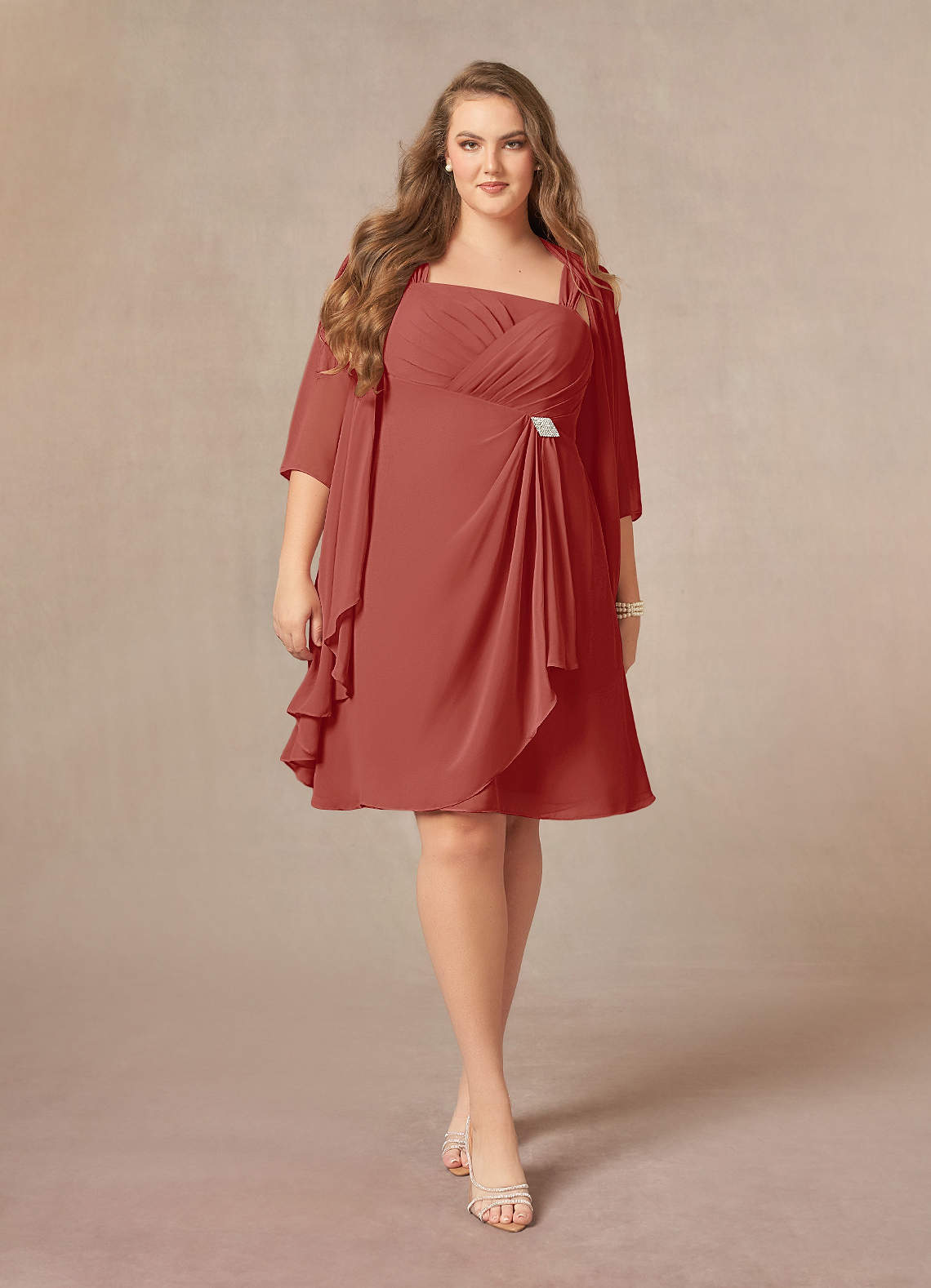 Azazie Olivia Mère de la mariée Robes Robe Trapèze en Mousseline de soie Encolure carrée plissée Terracotta image1