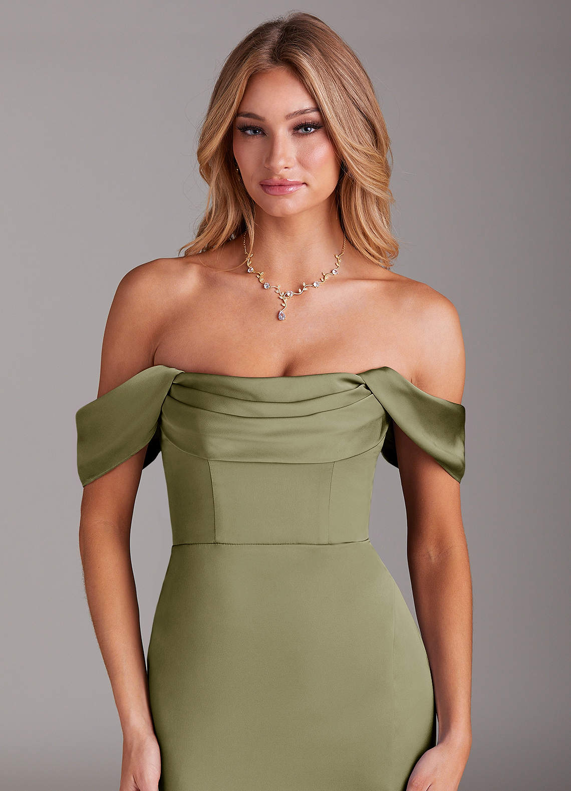 Azazie Saige Bridesmaid Dresses Pistachio Sheath Off the Shoulder Stretch Satin Dress image6