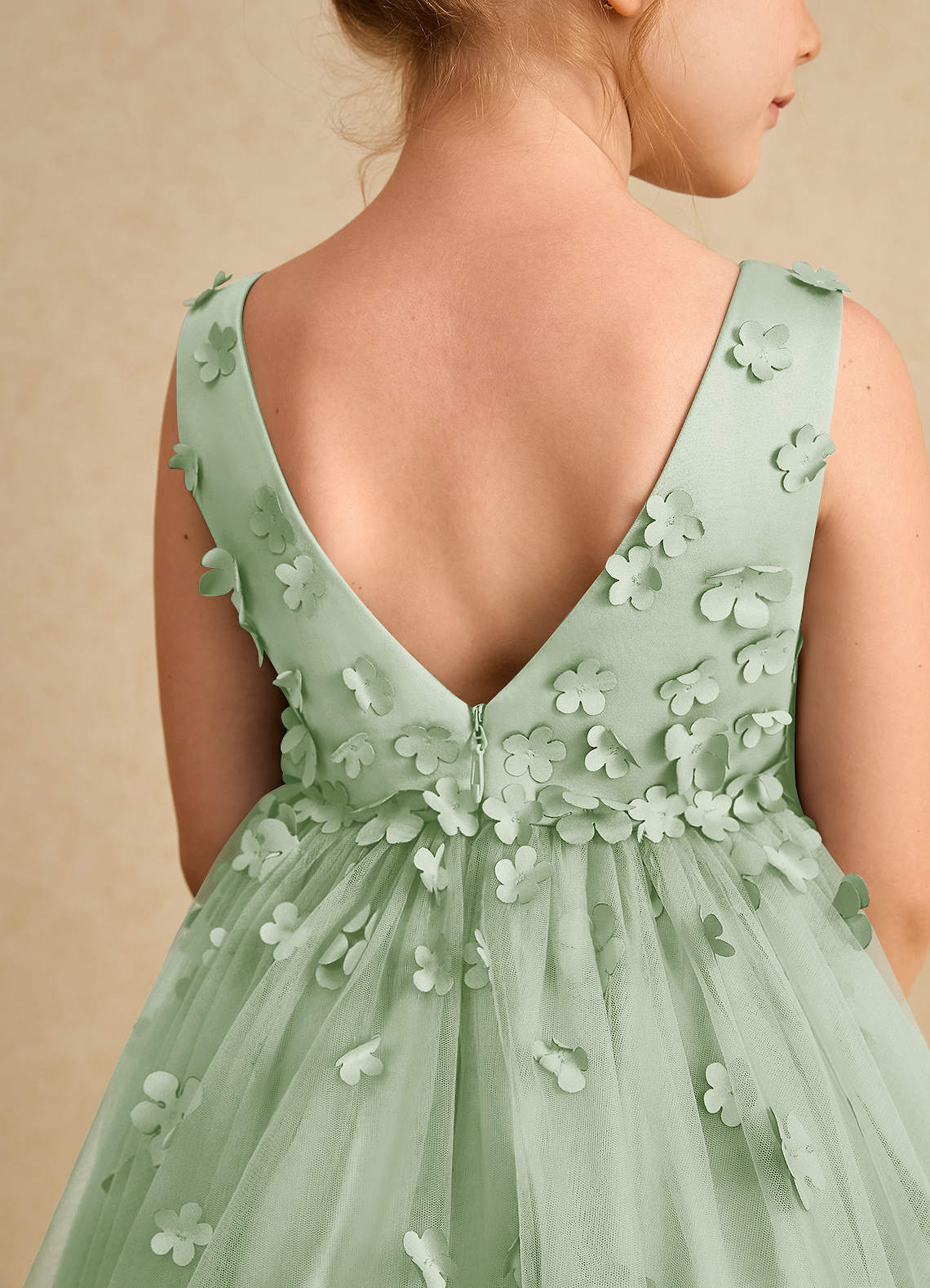 Azazie Lana Blumenmädchenkleider A-Linie ärmellos Matte Satin Kleid Staubiger Salbeigrün image6