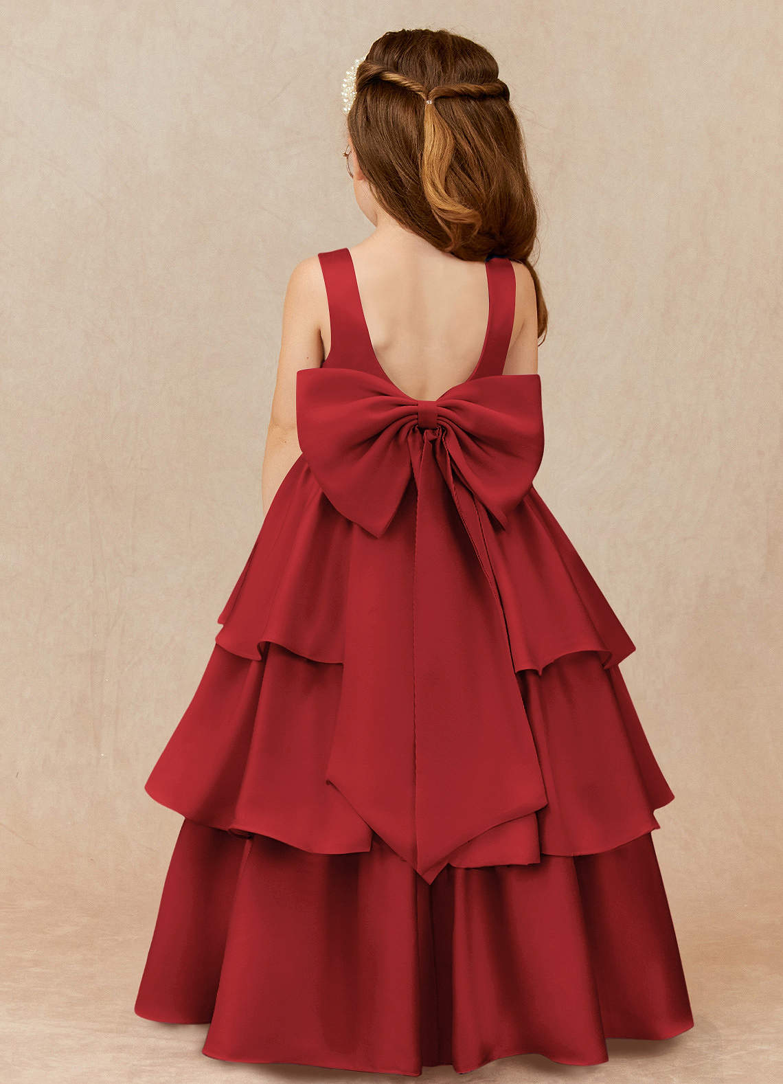 Azazie Margie Flower Girl Dresses Pomegranate A-Line Bow Stretch Satin Dress image1