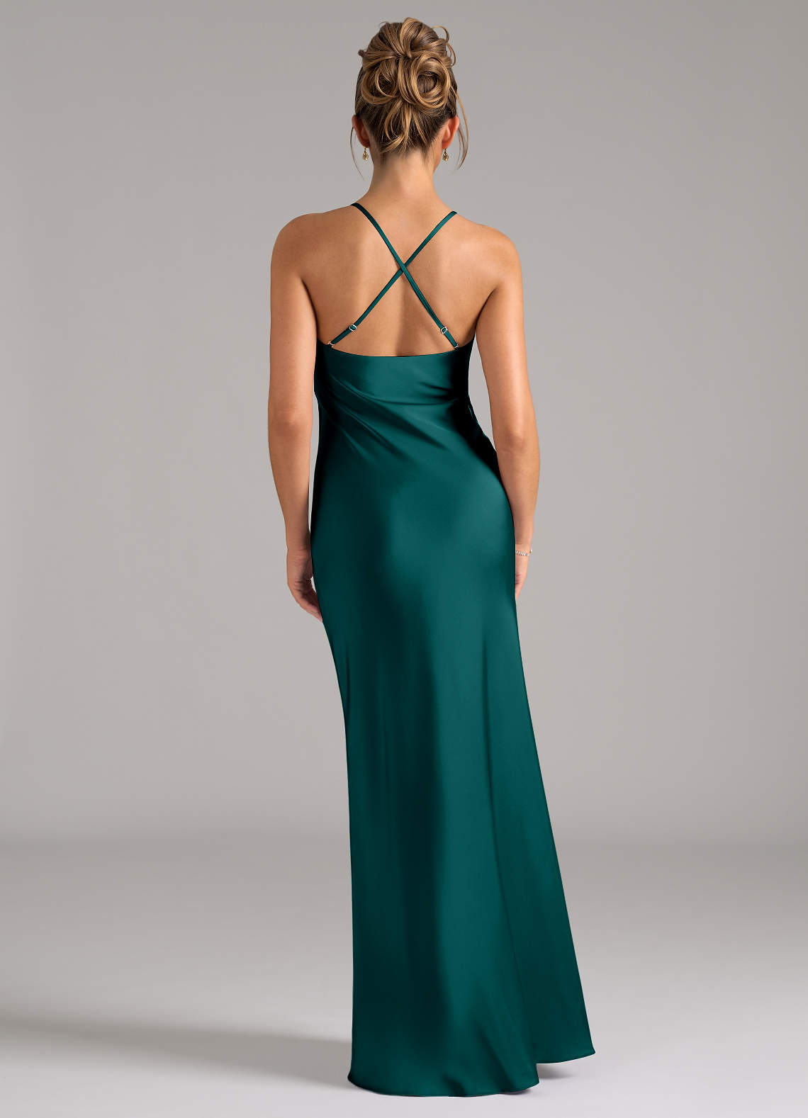 peacock satin dress Azazie Tianna Ready to Ship Peacock Stretch Satin Bridesmaid Dresses