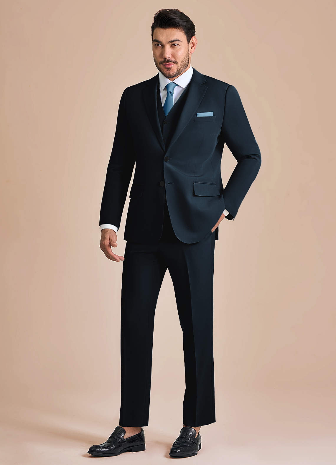 『TSJ SUITS 3P NAVY L』 James Men's 3-Piece Navy Blue Tailored Fit Suit: Buy Online