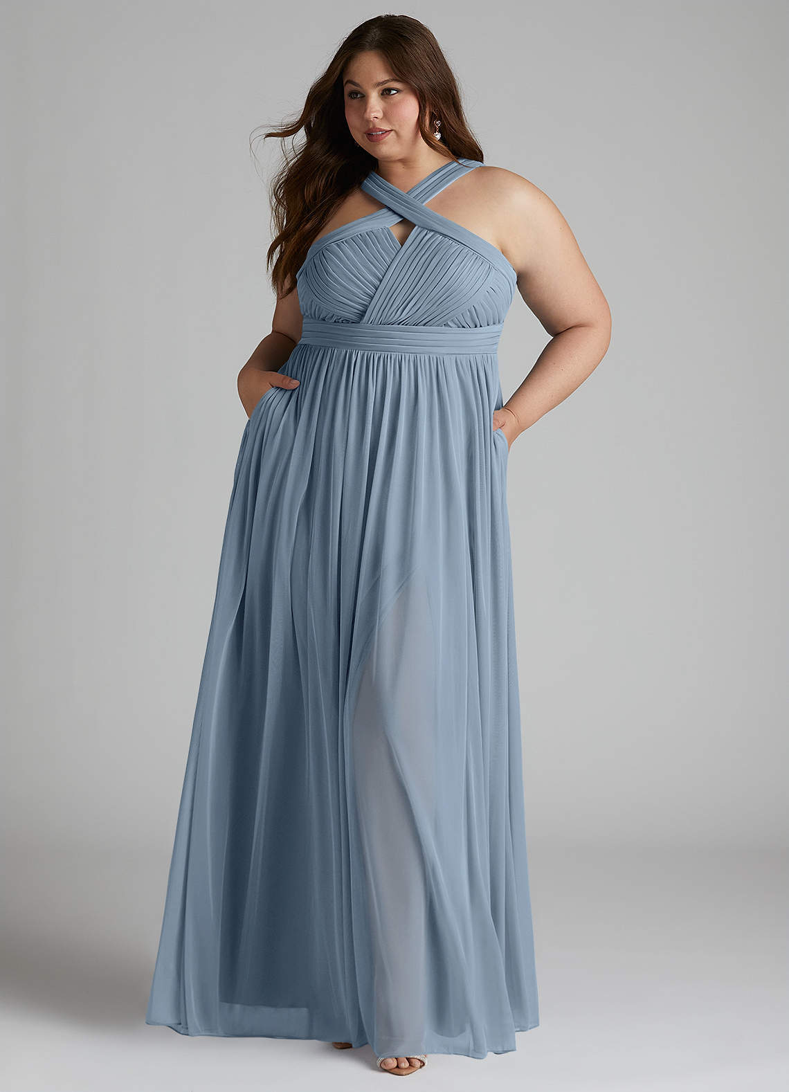 Azazie Hillian Robes de demoiselle d'honneur Robe Trapèze en Maille Dos nu plissé Bleu Poussiéreux image1