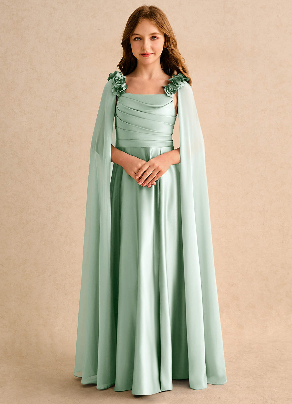 Azazie Rosita Girls Formal Vestidos de florista Vestido Agave de Cetim fosco de Linha A com Plissado image4